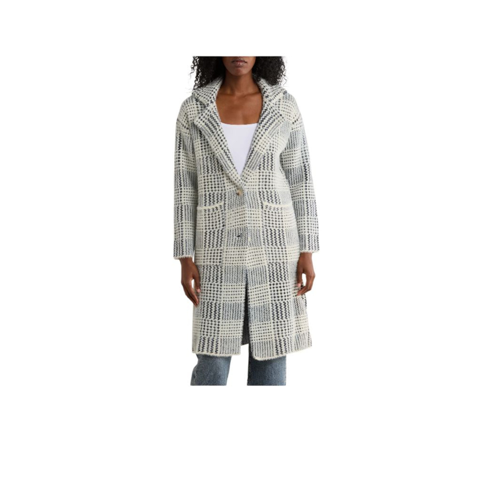 Love Token Cream and Black Plaid Knit Long Cardigan Coat